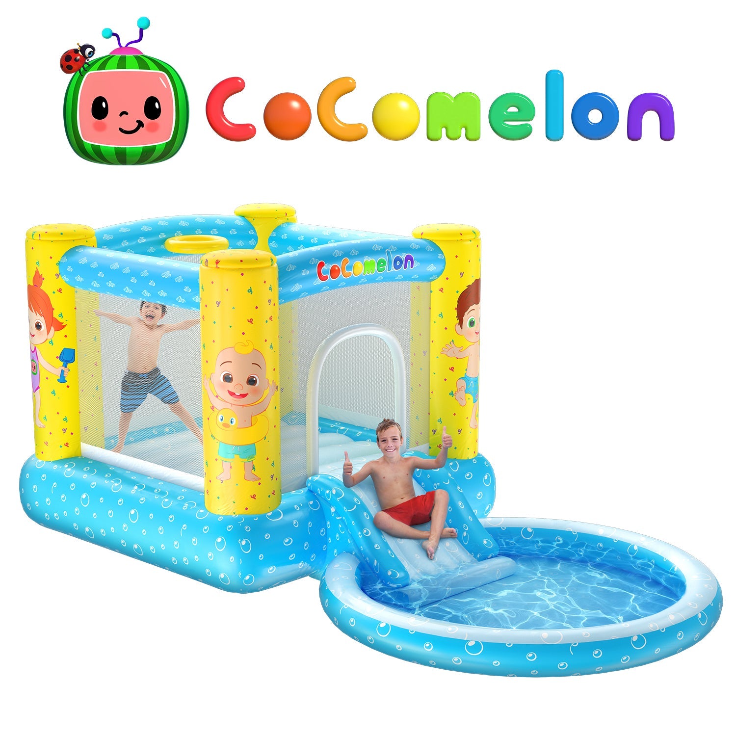 Casa Inflable con Tobogán y Piscina CoComelon (Incluye Bomba de Aire Eléctrica)
