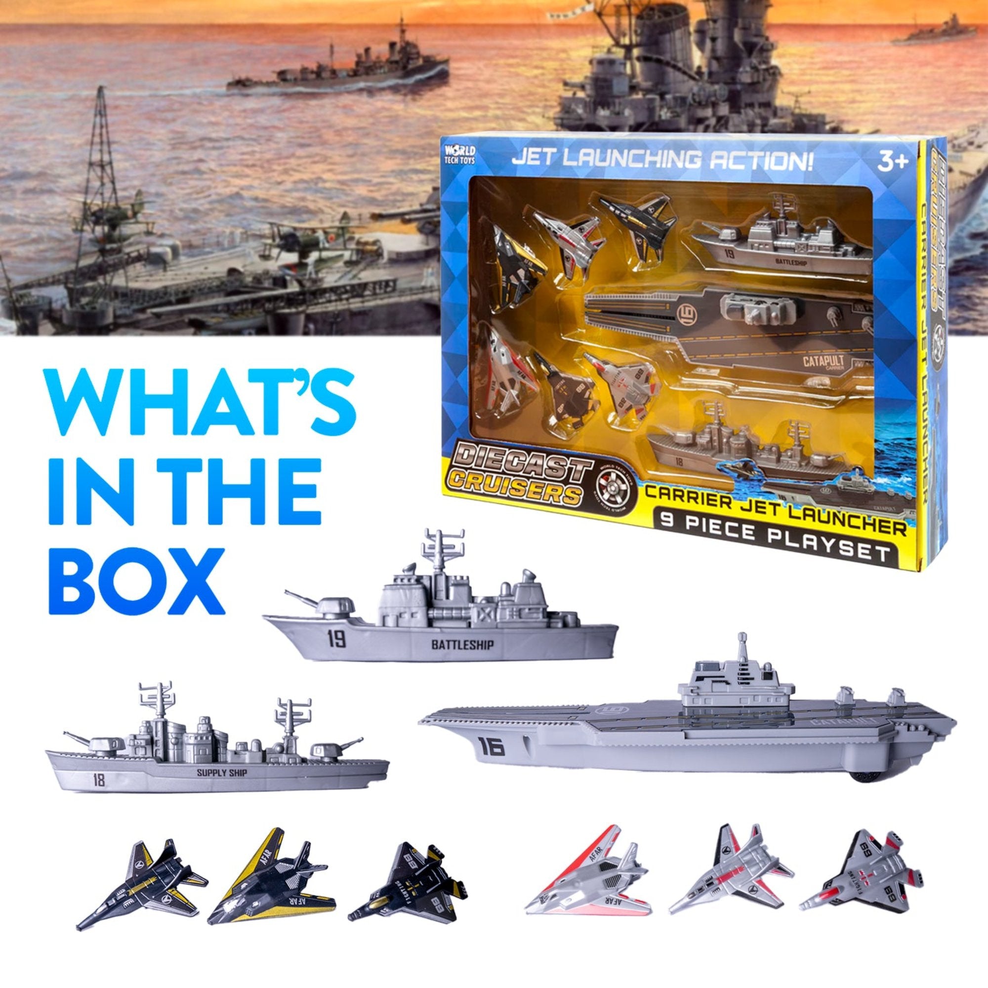 Diecast Cruisers Carrier Jet Launcher 9 Piece Playset – World Tech