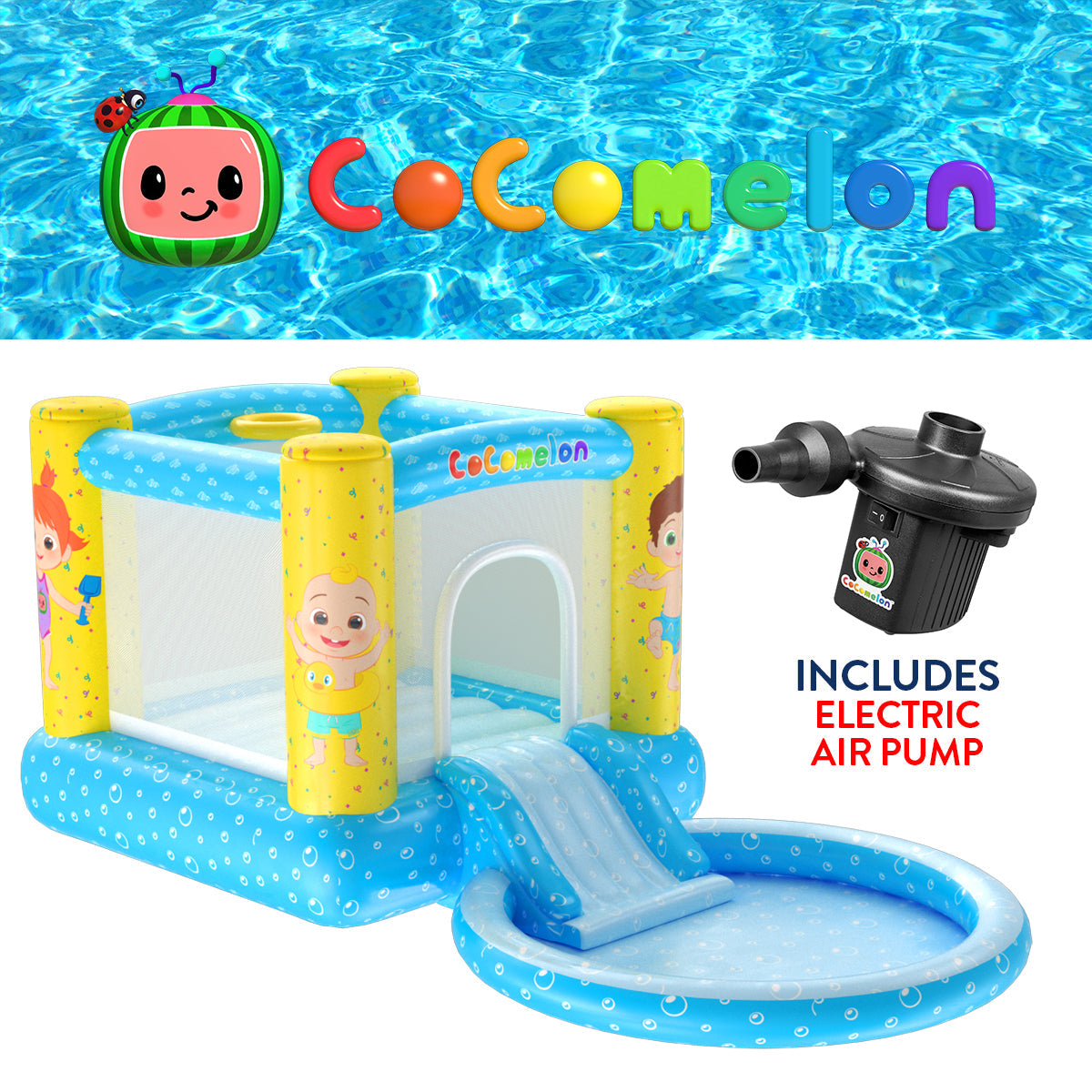 Casa Inflable con Tobogán y Piscina CoComelon (Incluye Bomba de Aire Eléctrica)