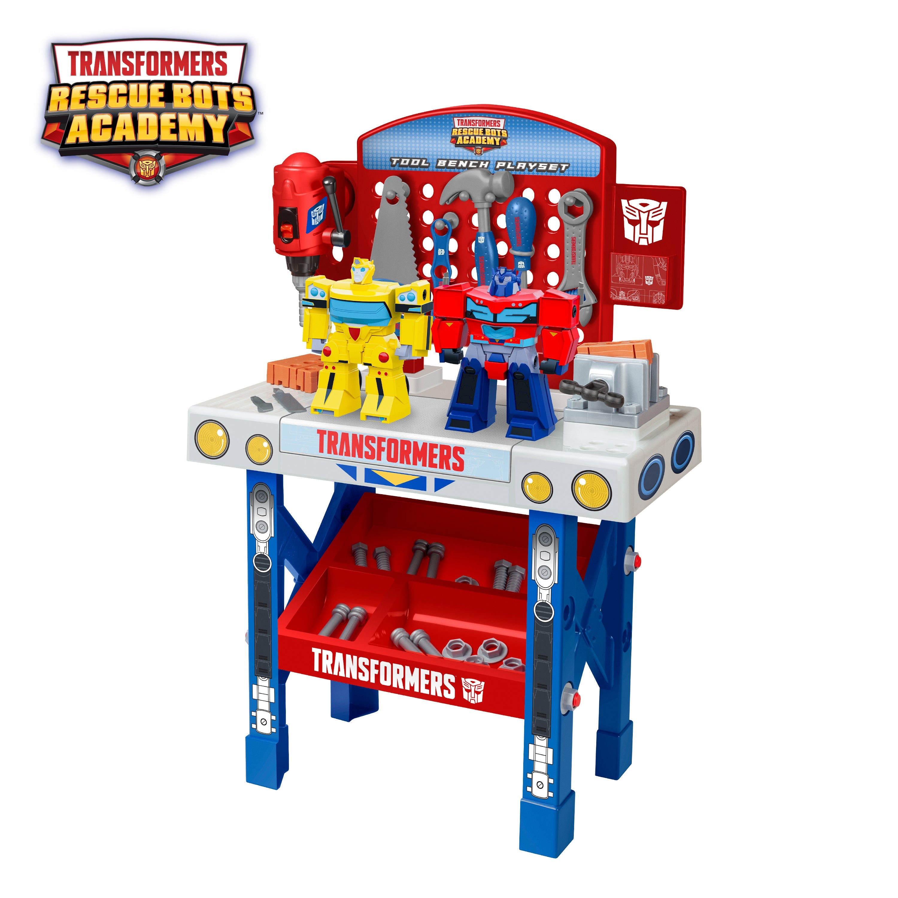 Juego de banco de herramientas Transformers Rescue Bots Academy con robots desmontables (68 piezas)