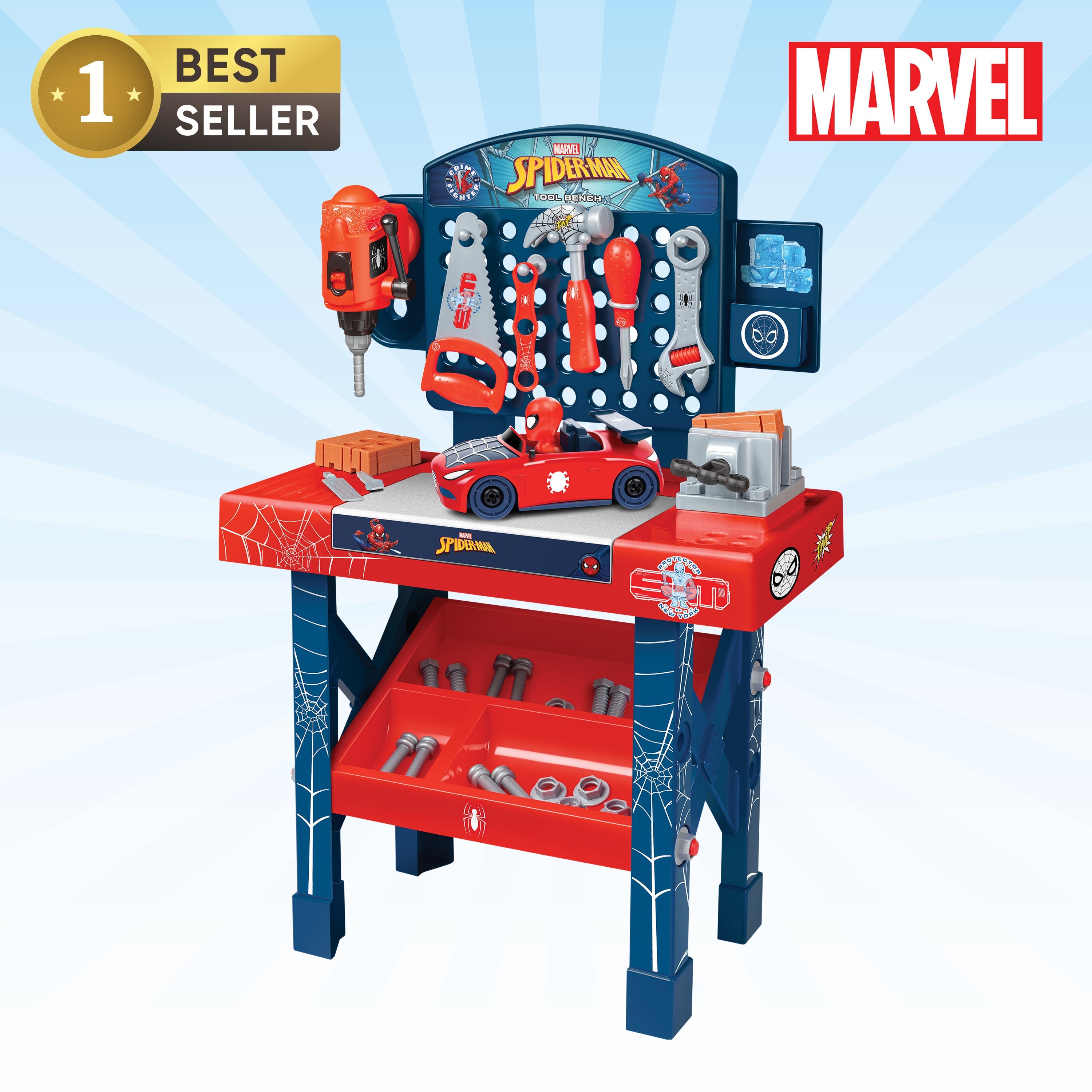 Banco de Herramientas de Spider-Man con Coche Desmontable (55 Piezas)