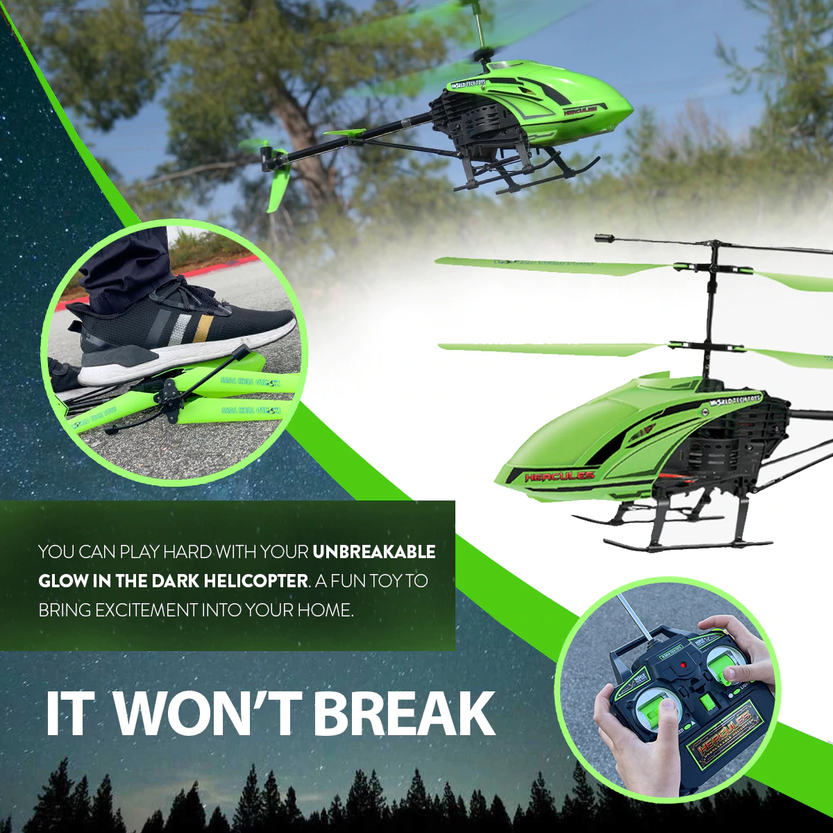 Unbreakable Rc helicopter glow in the dark HobbyTron World Tech Toys